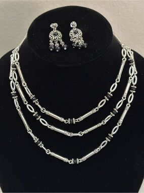 Silver-Tone Multi-Strand Necklace & Earrings Set - Black Bead Accents
